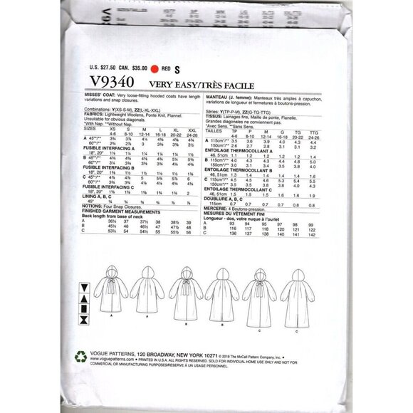 Very Easy Vogue V9340 Misses XS to M Hooded Coat Uncut Sewing Pattern - Picture 2 of 2
